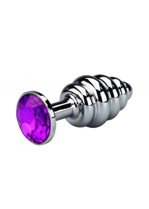 Анальная пробка Butt Plug Silver ребристая фиолетовый 7 см Д712040-1