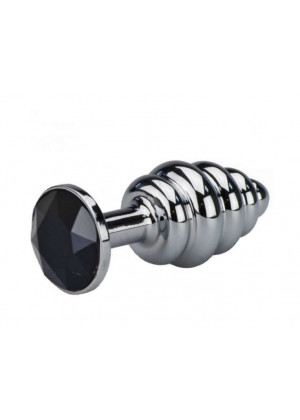 Анальная пробка Butt Plug Silver ребристая черная 8 см Д5922