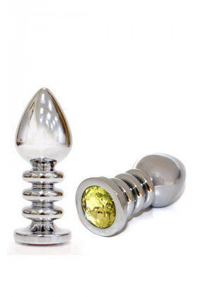 Анальная пробка Butt Plug Silver ребристая желтый 10 см Д570-2