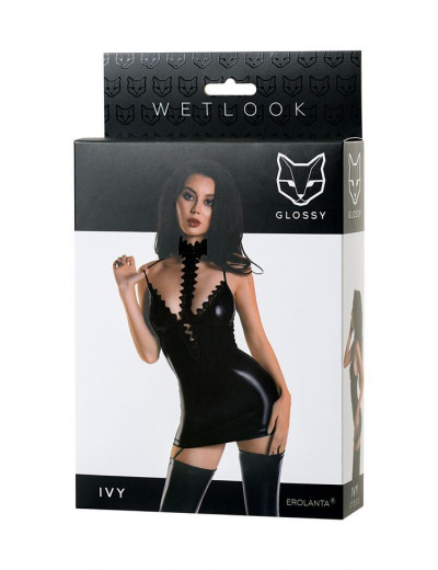 Эротическое платье с чокером Glossy Ivy из материала Wetlook черное XL 955029-XL